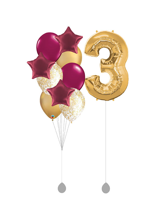 [SET] Single Burgundy Stars Bouquet With 40" Gold Number Foil