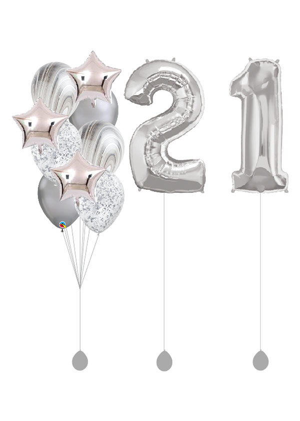 [SET] Silver Star Bouquet With Double 40" Silver Number Foil