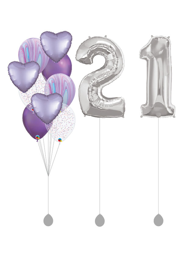 [SET] Pastel Satin Lilac Heart Bouquet With Double 40" Silver Number Foil