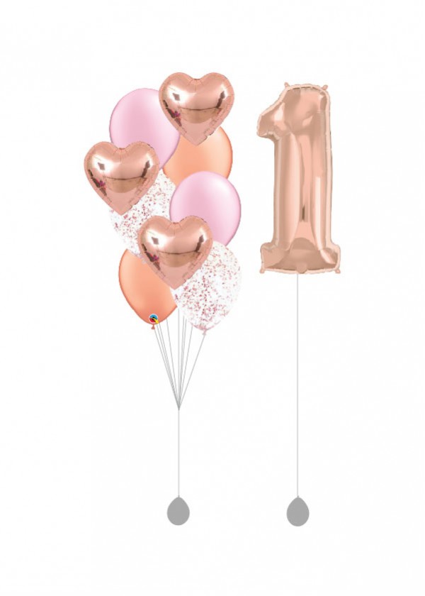 [SET] Rose Gold Hearts Bouquet With Single 40" Rose Gold Number Foil