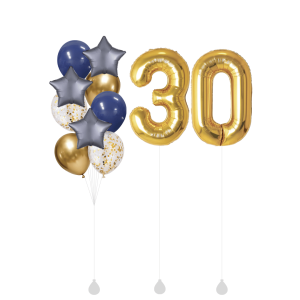[SET] Graphite Blue Stars Bouquet With Double 40" Gold Number Foil