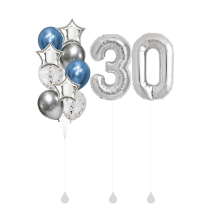 [SET] Silver Blue Stars Bouquet With Double 40" Gold Number Foil